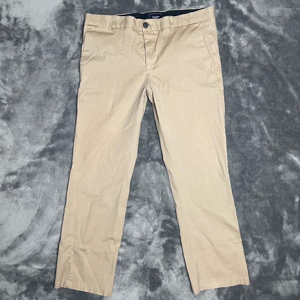 7Diamonds Performance Mens Khaki Tan Chino‎ Pants 34x28 Flat Front Straight Leg